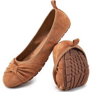 Women Brown Suede Closed Rounded Toe Comfortable Slip On Ballet Loafers Shoes